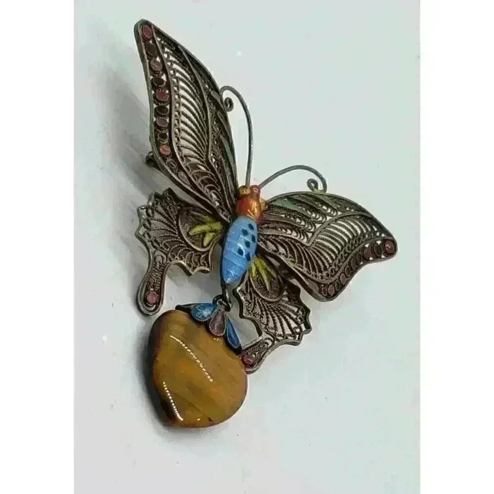 Vintage BIG Butterfly Brooch Silver Filigree Enamel Tigers Eye 30s 40s Art Deco